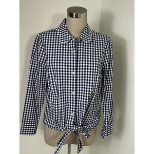 Haley And The Hound Tie Front Blouse Blue Gingham Shirt Scalloped Collar‎ S NWT
